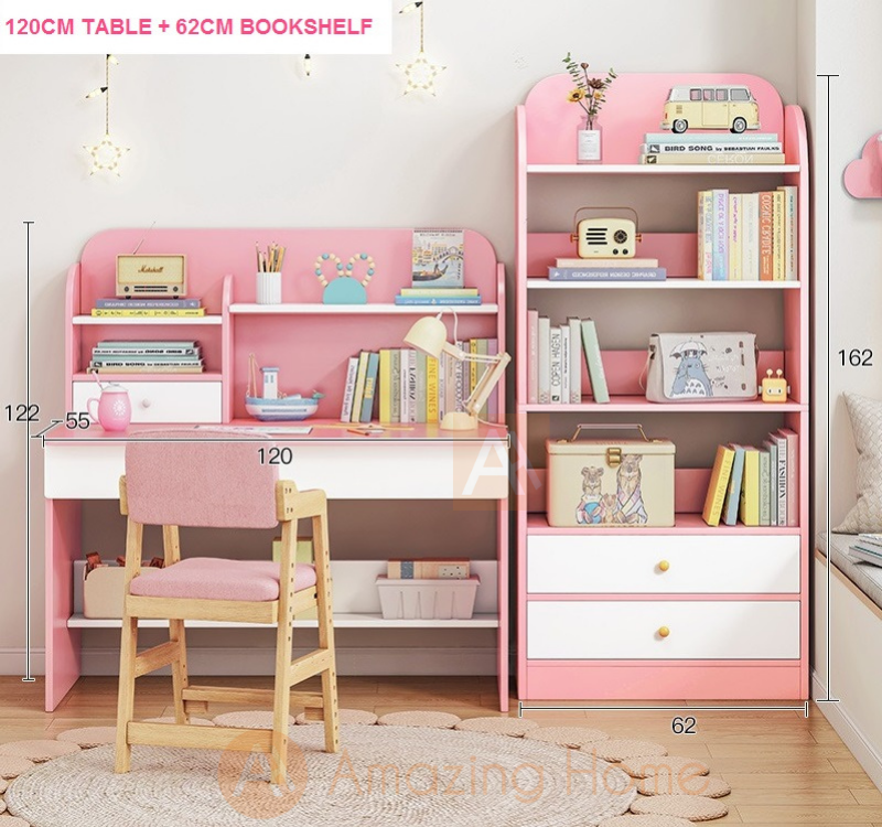 Pink wooden table bookshelf deals