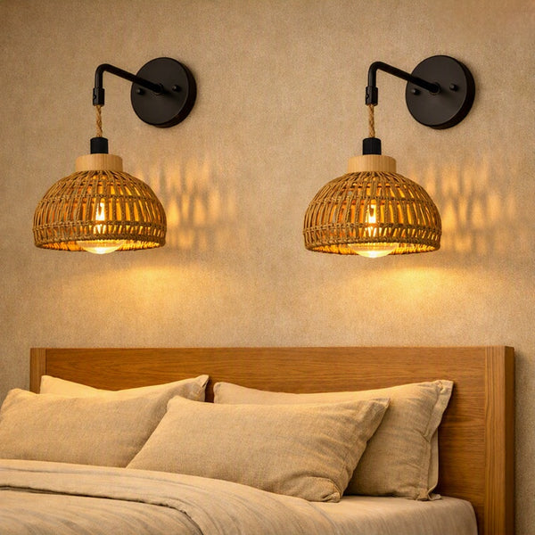 Bohemian rattan wall light with natural wood-tone design