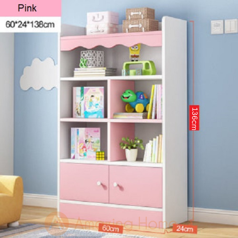 Snow Pink Kids 6 Shelf Bookcase Bookshelf With 2 Door Cabinet