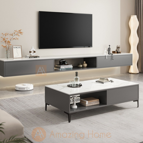 Soroya Sintered Stone 200cm Wall Mounted Floating TV Stand With Coffee Table Set White/Grey