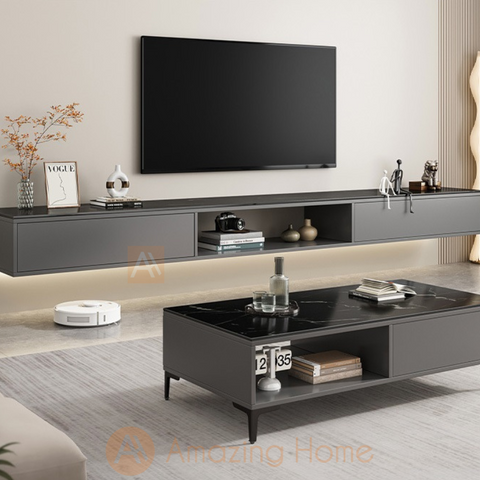 Soroya Sintered Stone 200cm Wall Mounted Floating TV Stand With Coffee Table Set Black/Grey