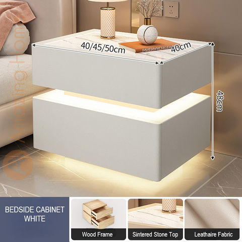 Novo White Smart Bedside Cabinet Sintered Stone With LED Sensor Light (Fully Assembled)