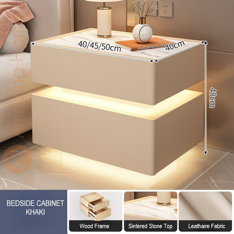 Novo Khaki Smart Bedside Cabinet Sintered Stone With LED Sensor Light (Fully Assembled)