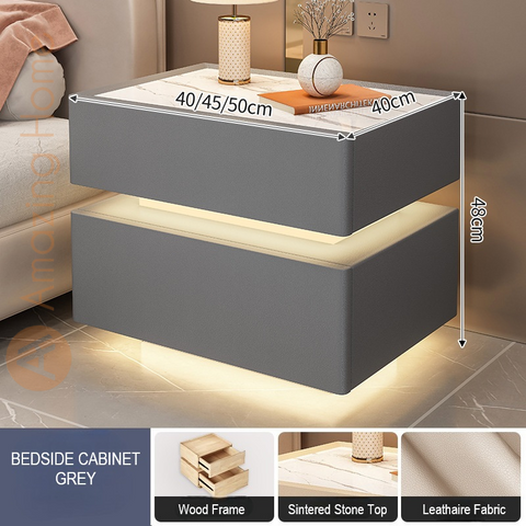 Novo Grey Smart Bedside Cabinet Sintered Stone With LED Sensor Light (Fully Assembled)