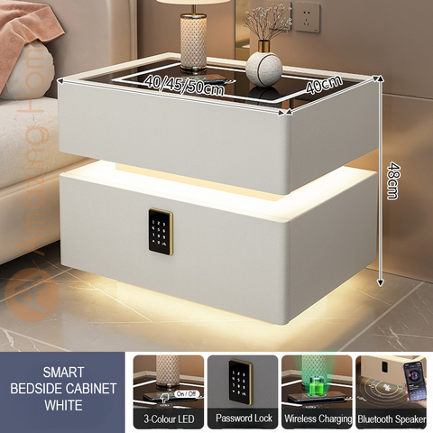 Novo White Smart Bedside Cabinet With Security Lock + Wireless Charging + Sensor Light + Bluetooth Speaker + 3 Colour LED Light (Fully Assembled)