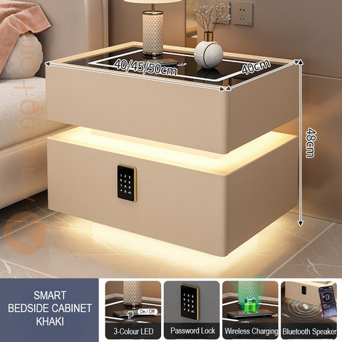 Novo Khaki Smart Bedside Cabinet With Security Lock + Wireless Charging + Sensor Light + Bluetooth Speaker + 3 Colour LED Light (Fully Assembled)