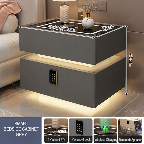 Novo Grey Smart Bedside Cabinet With Security Lock + Wireless Charging + Sensor Light + Bluetooth Speaker + 3 Colour LED Light (Fully Assembled)