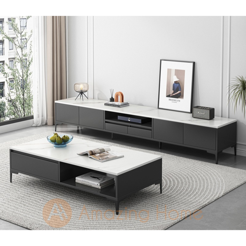 Soroya 200cm TV Cabinet Console Table With 120cm Coffee Table Set White/Grey