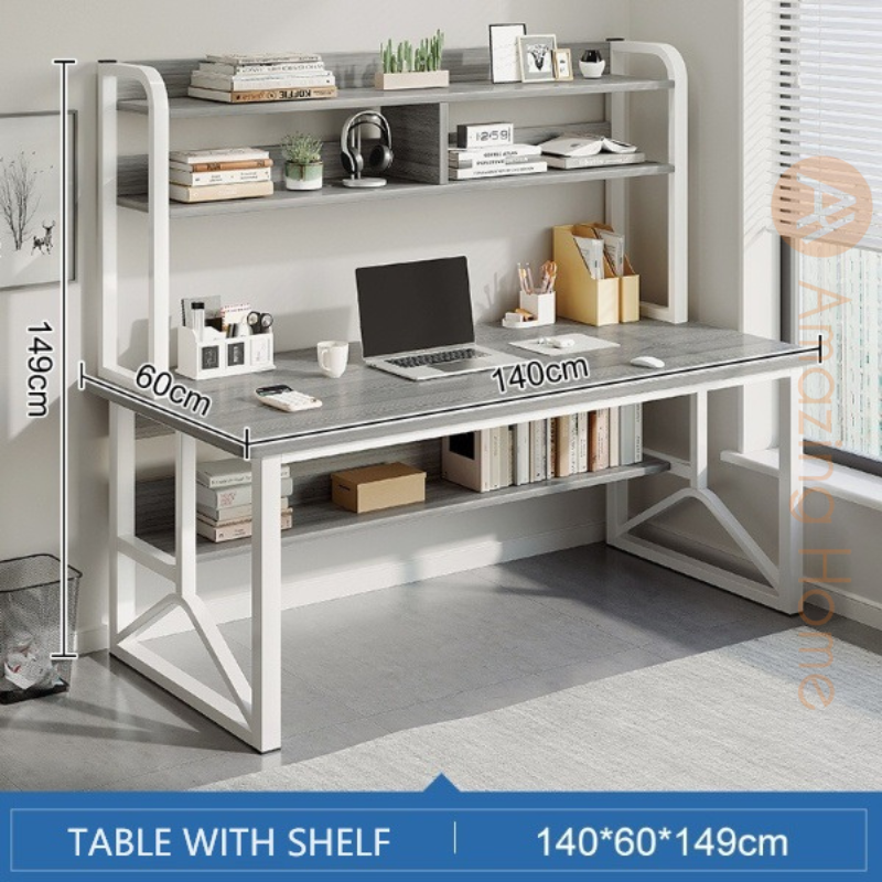 Aymer Grey 140cm Working Desk With Shelf Home Office Study Table Workstation