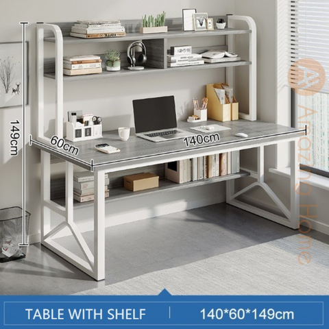 Aymer Grey 140cm Working Desk With Shelf Home Office Study Table Workstation