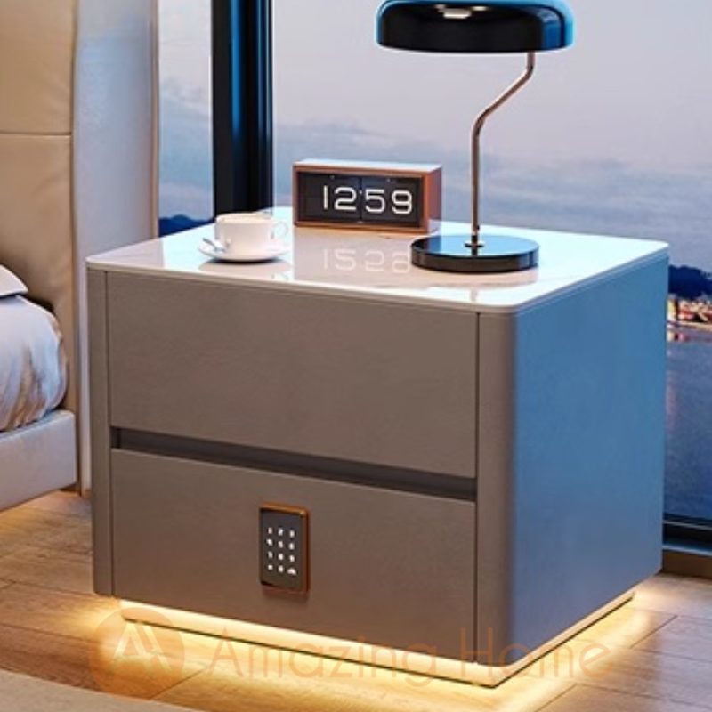 Vilmar Grey Smart Bedside Cabinet Sintered Stone With Security Lock + Sensor Light (Fully Assembled)