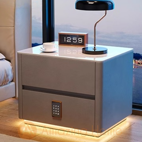 Vilmar Grey Smart Bedside Cabinet Sintered Stone With Security Lock + Sensor Light (Fully Assembled)