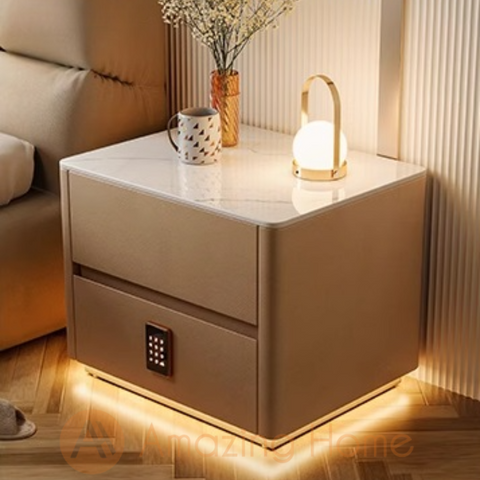 Vilmar Khaki Smart Bedside Cabinet Sintered Stone With Security Lock + Sensor Light (Fully Assembled)