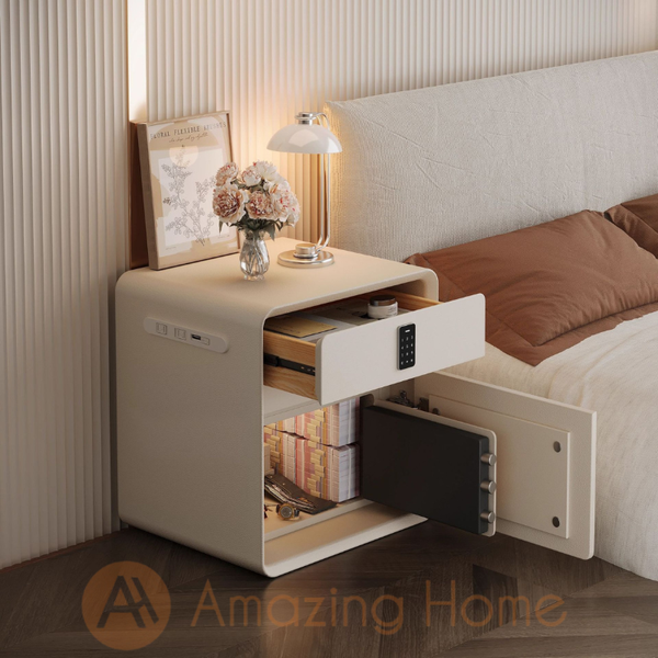 Hedda White Smart Bedside Cabinet With Password Security Lock Drawer + Safety Box + USB Port (Fully Assembled)