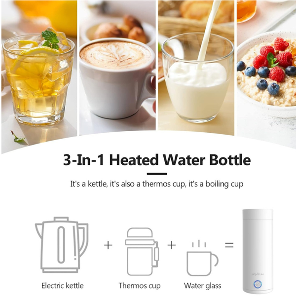 3-in-1 Portable Electric Travel Kettle 400ml | Stainless Steel Thermal Flask Water Bottle