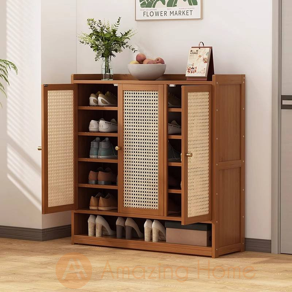 Front view of a 3-door natural bamboo shoe cabinet with breathable lattice doors, measuring 90cm wide in a compact home hallway.
