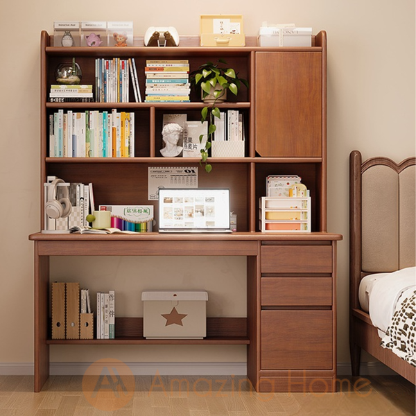 120cm solid wood study table desk with integrated upper bookshelf, drawers and cabinet

