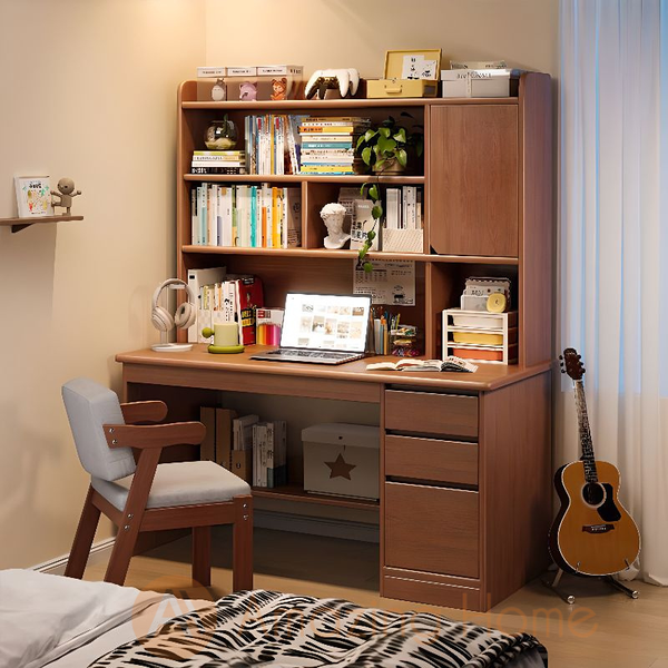 Solid wood study table desk with integrated upper bookshelf, drawers and cabinet with a matching chair