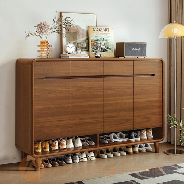 Alfson 160cm solid wood shoe cabinet in natural wood finish, front view