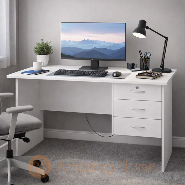 White modern office desk with three drawers and lockable top drawer, styled for computer workstation — suitable for both office and study use.
