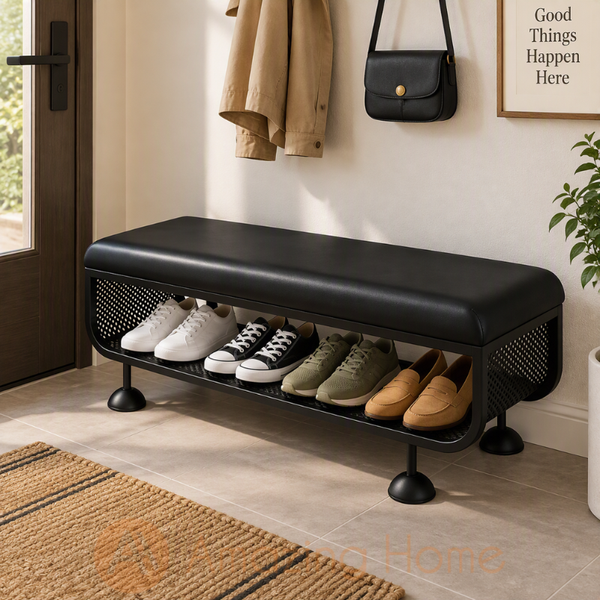 Svart 100cm modern entryway shoe rack bench in black with a leathaire cushioned seat and a mesh metal storage shelf.