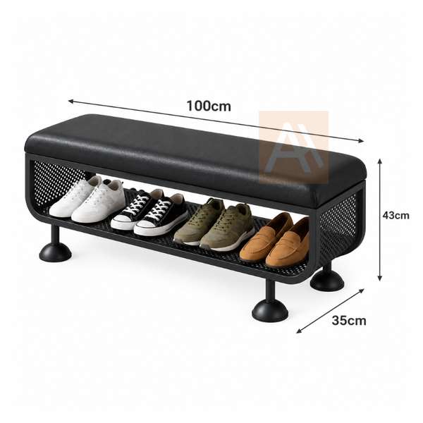 Svart 100cm Entryway Shoe Rack Bench with Cushioned Seat