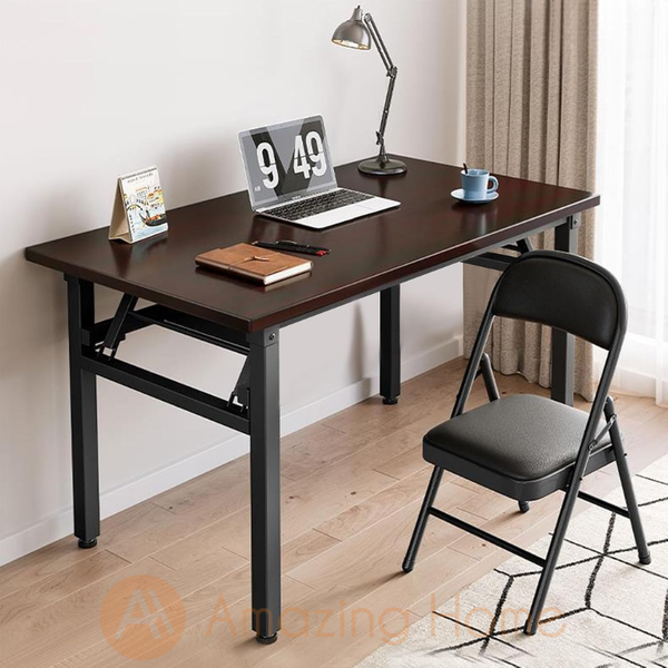Foldable computer desk with brown tabletop and black metal frame for home office and study