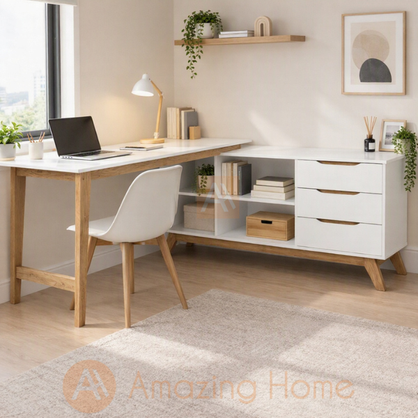 L-shaped study table with storage for writing, study and office use