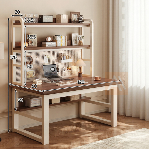 Aymer 120cm Working Desk With Pegboard & Bookshelf Home Office Study Table Workstation