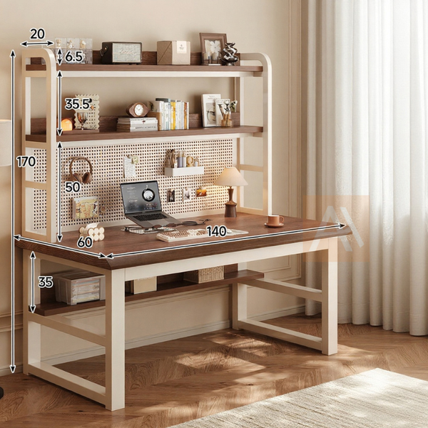 Aymer 140cm Working Desk With Pegboard & Bookshelf Home Office Study Table Workstation