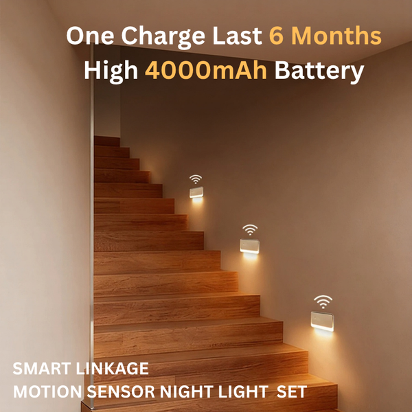 Three sleek wireless rechargeable LED motion sensor lights glowing in a dark hallway with magnetic mounting system.