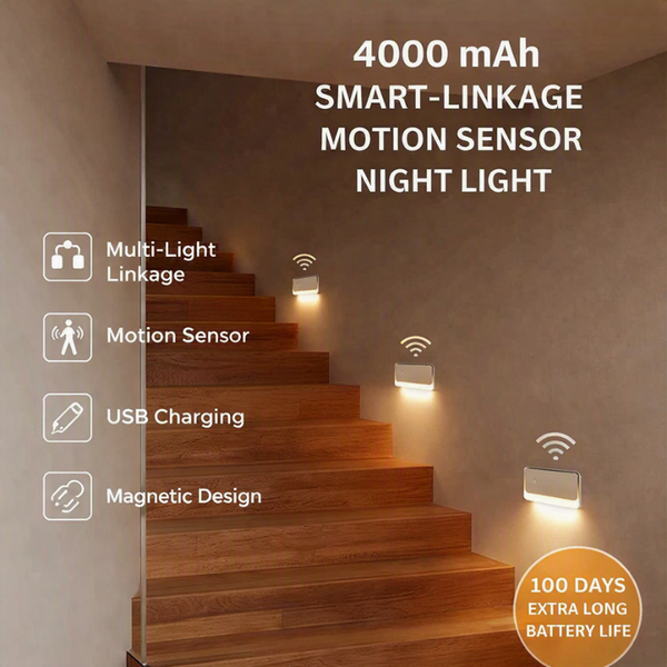 Three sleek wireless rechargeable LED motion sensor lights glowing in a dark hallway with magnetic mounting system.