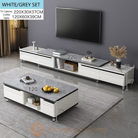 Bergen Adjustable Length 200-270cm TV Cabinet With Coffee Table Set White/Grey