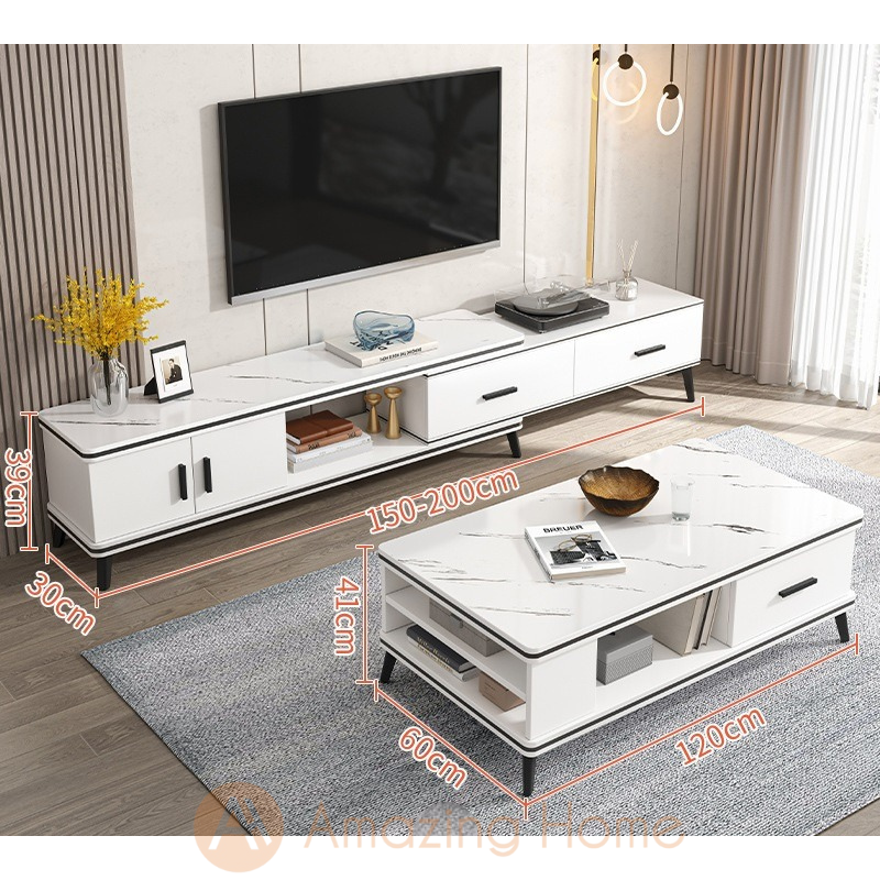 Bergen Adjustable Length 150-200cm TV Cabinet With Coffee Table Set White