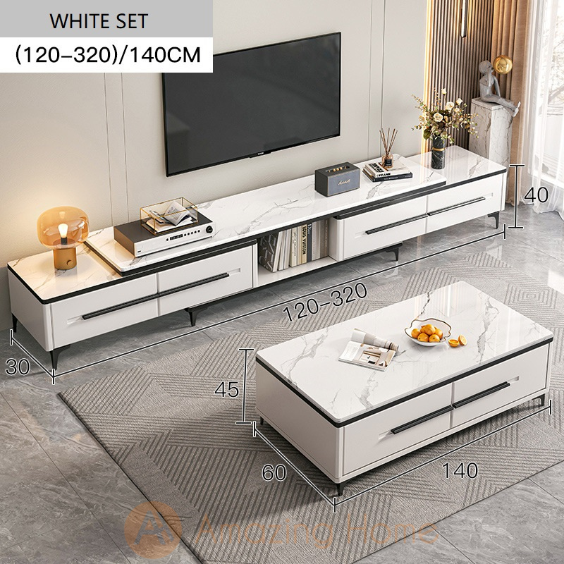 Bergen Adjustable Length 120-320cm TV Cabinet With Coffee Table Set White
