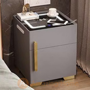 Bernadea Light Grey Smart Bedside Cabinet With Safety Box + Wireless Charging + 3 Colour LED Light + USB (Fully Assembled)