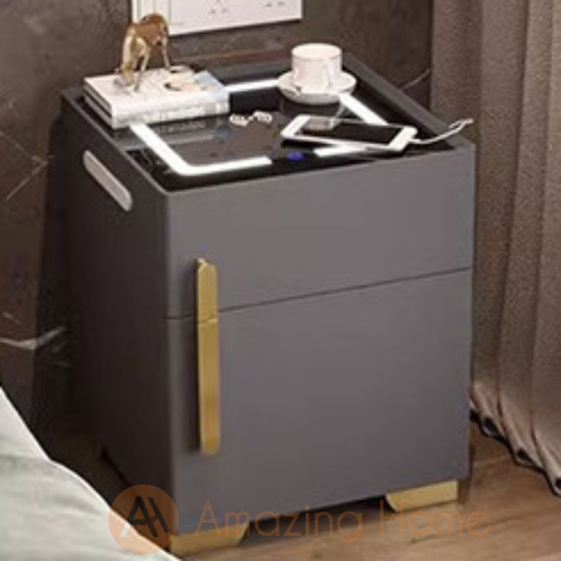 Bernadea Dark Grey Smart Bedside Cabinet With Safety Box + Wireless Charging + 3 Colour LED Light + USB (Fully Assembled)