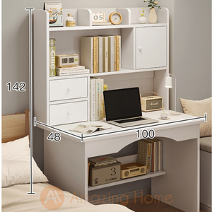 Aaren White Study Table Medium With Bookshelf Cabinet