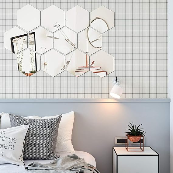 Amazing Home 8cm Hexagon Mirror Wall Stickers Self Adhesive Room Decoration (Set of 12 Pcs)