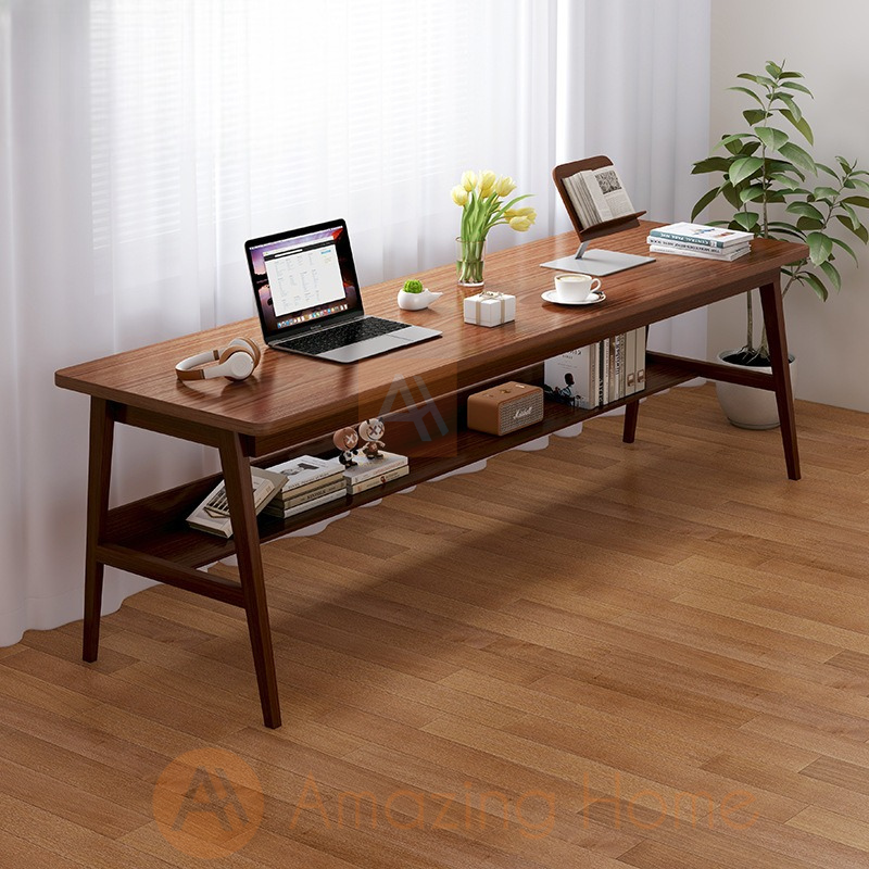 Aquino Oak 200cm Extra Long Wide Wooden Office Desk Study Table With Shelf