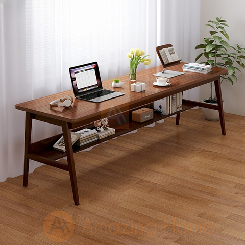 Aquino Oak 200cm Extra Long Wide Wooden Office Desk Study Table With Shelf