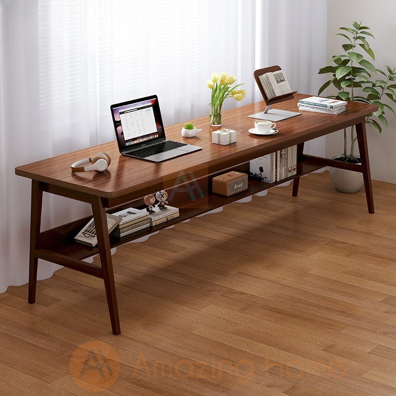 Aquino Oak 220cm Extra Long Wide Wooden Office Desk Study Table With Shelf