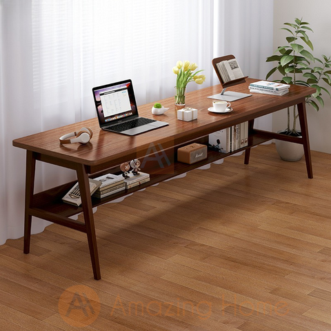Aquino Oak 220cm Extra Long Wide Wooden Office Desk Study Table With Shelf