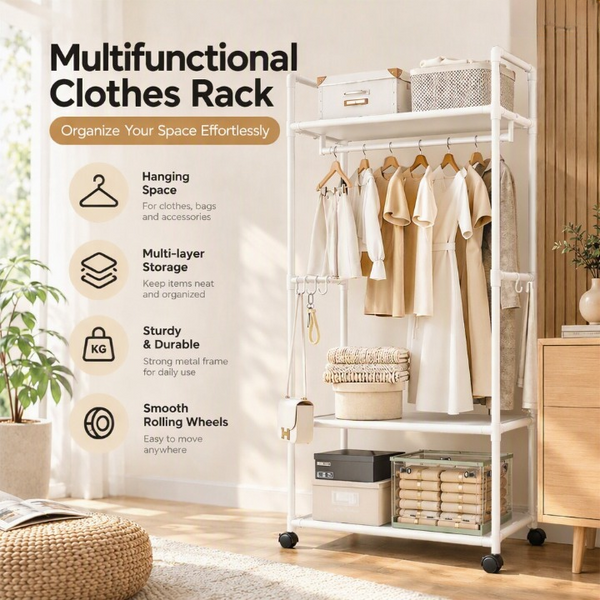 Multi-Functional Clothes Rack With Wheels - Clothes Storage Organizer