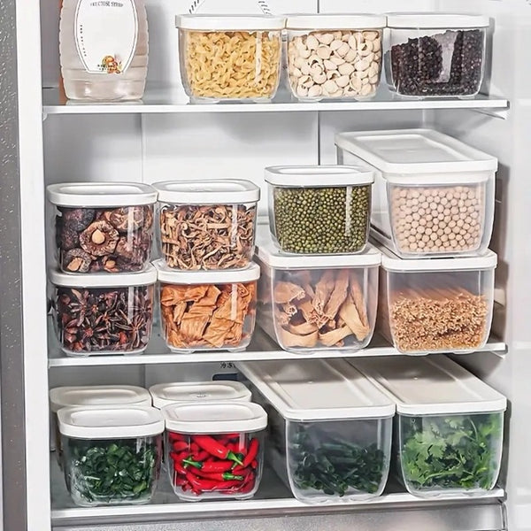 Shelves with various food containers filled with dry goods and fresh vegetables.