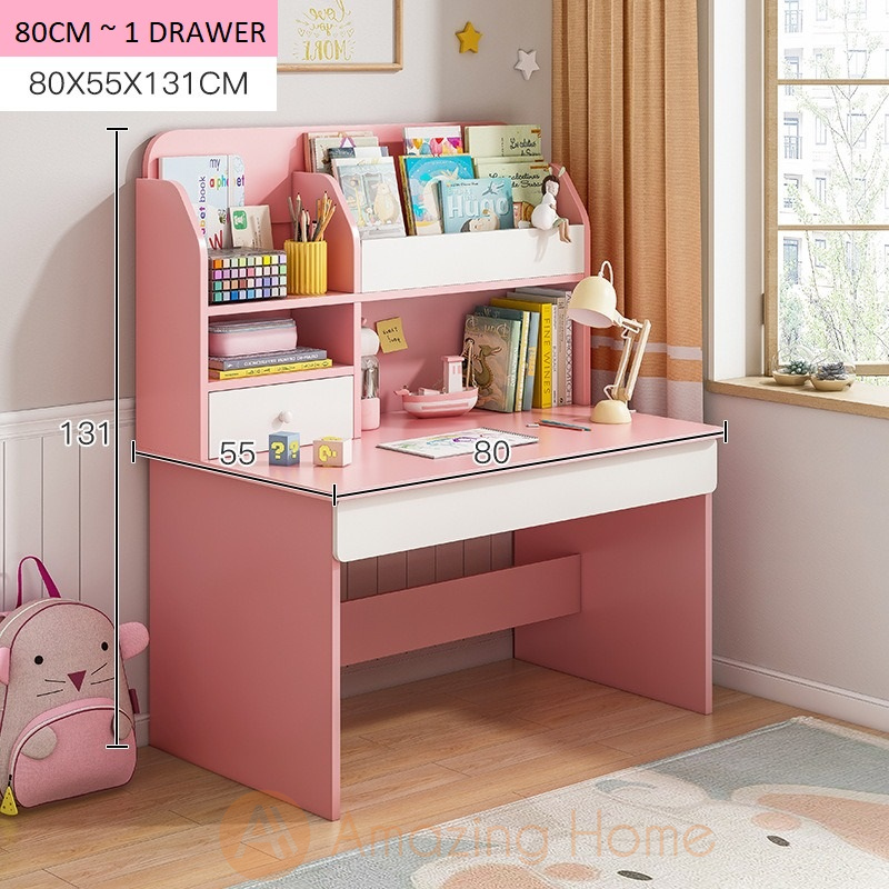 Avery Pink Kids Study Table Study Desk With Sling Bookshelf Drawer Small