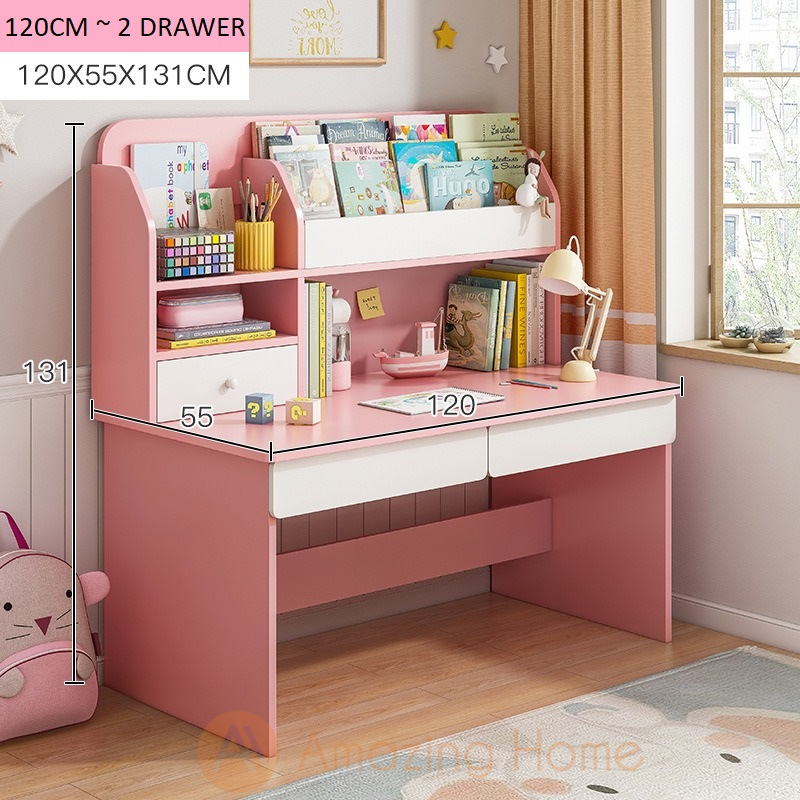 Avery Pink Kids Study Table Study Desk With Sling Bookshelf Drawer Large