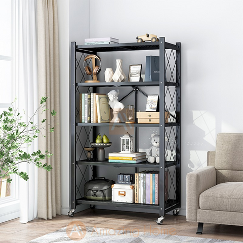 Amazing Home 5 Tier Foldable Multipurpose Storage Rack Black With Wheels Rollers