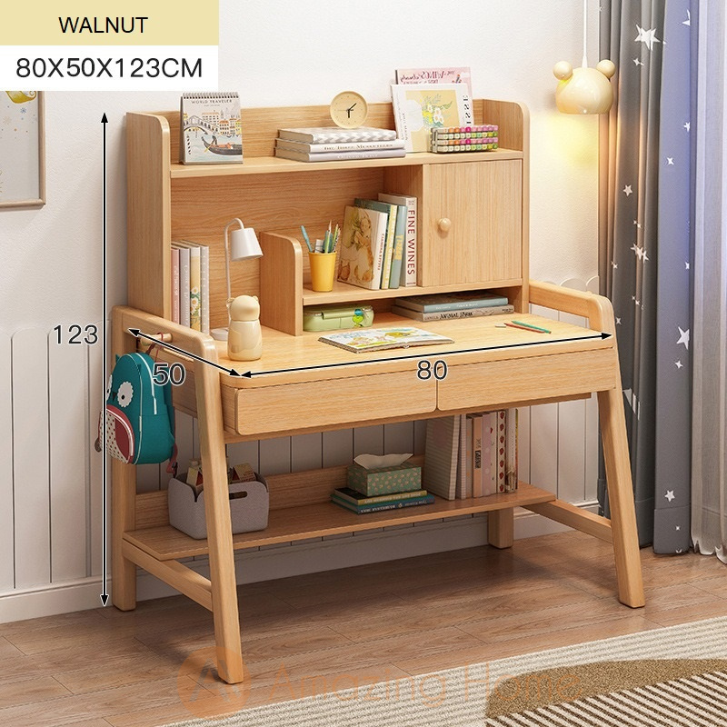 Lennon Walnut Kids Study Table With Cabinet Shelf Drawer Small