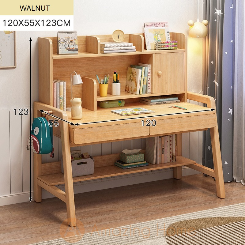 Lennon Walnut Kids Study Table With Cabinet Shelf Drawer Large